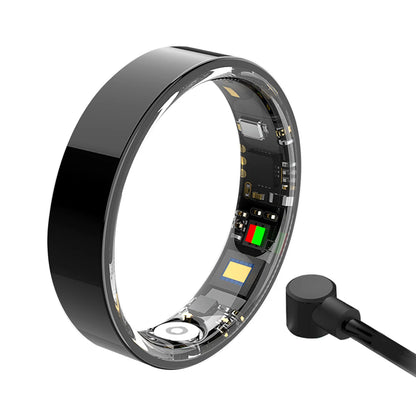 Een slimme ring in zilver, zwart en goud, met zichtbare technische componenten en een IP68 waterdichte constructie, geschikt voor sportieve activiteiten en afstandsbediening van de camera. - Foto 8