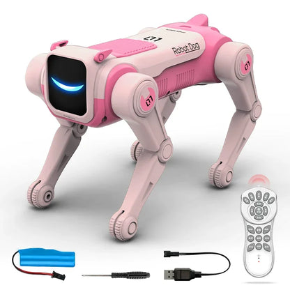 Een witte robot hond met blauwe LED-ogen en zwarte poten, uitgerust met een afstandsbediening, USB-kabel en batterij, geschikt voor speelplezier en ed