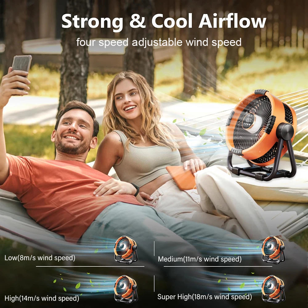 Oranje Kinscoter 6-in-1 kampeerventilator met 20000mAh batterij, digitale display en afstandsbediening, geschikt voor zowel kantoor als kamperen. - Fo