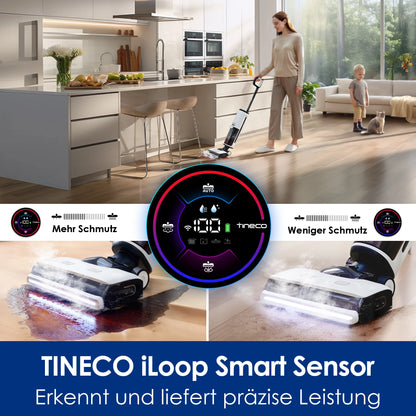 Een moderne Tineco stofzuiger met stoomfunctie, wit en zwart, waarvan de onderkant stoom uitblaast. Geschikt voor efficiënte vloer- en tegelreiniging 