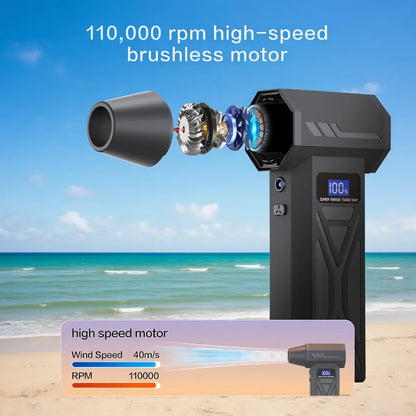 Zwarte draadloze superkrachtige turboventilator met digitale display, inclusief diverse accessoires voor auto’s en huishoudelijke reiniging, geschikt 