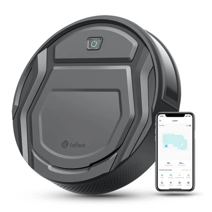 De zwarte Lefant M210 Pro+ robotstofzuiger met glanzend oppervlak en blauwe knop, toont zijn slimme app- en smartwatchcompatibiliteit voor moderne hui