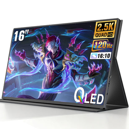Een 16-inch QLED-scherm met 2.5K Quad HD resolutie en 120Hz, uitgerust met een 16:10 verhouding, perfect voor gaming en streamen. Zwart frame met text