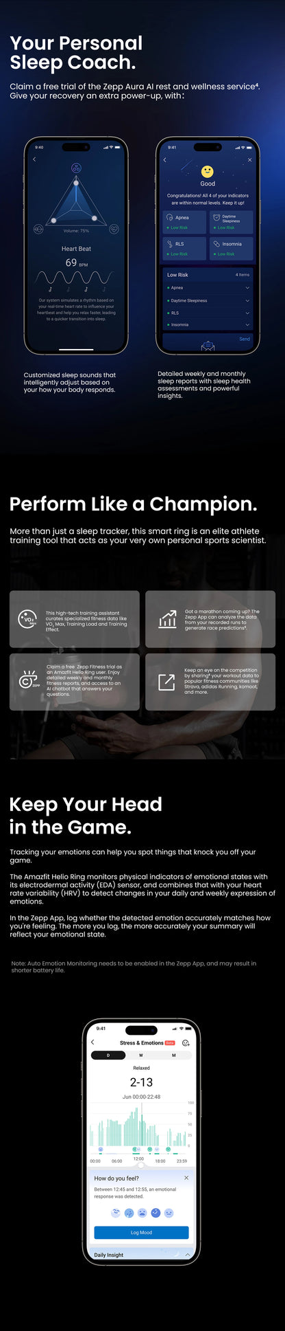 De Amazfit Helio Ring, een goudkleurige, 2,6 mm dunne slimme ring met een textuur, toont zichtbare sensorcomponenten. Ideaal voor dagelijks gebruik en sportieve activiteiten, met waterbestendigheid tot 10 ATM. - Foto 12