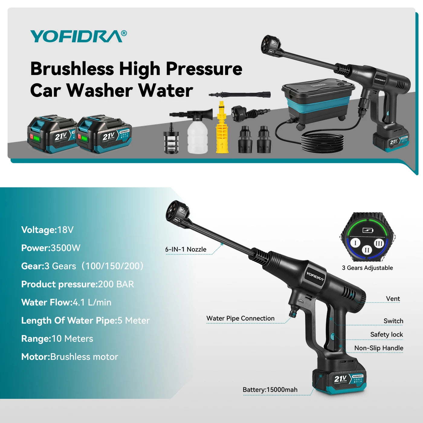 Zwart YOFIDRA 21V stroomloze stofzuiger met 22L vouwbare emmer, 6-in-1 multifunctioneel, geschikt voor huishoudelijk en professioneel gebruik. Zichtba