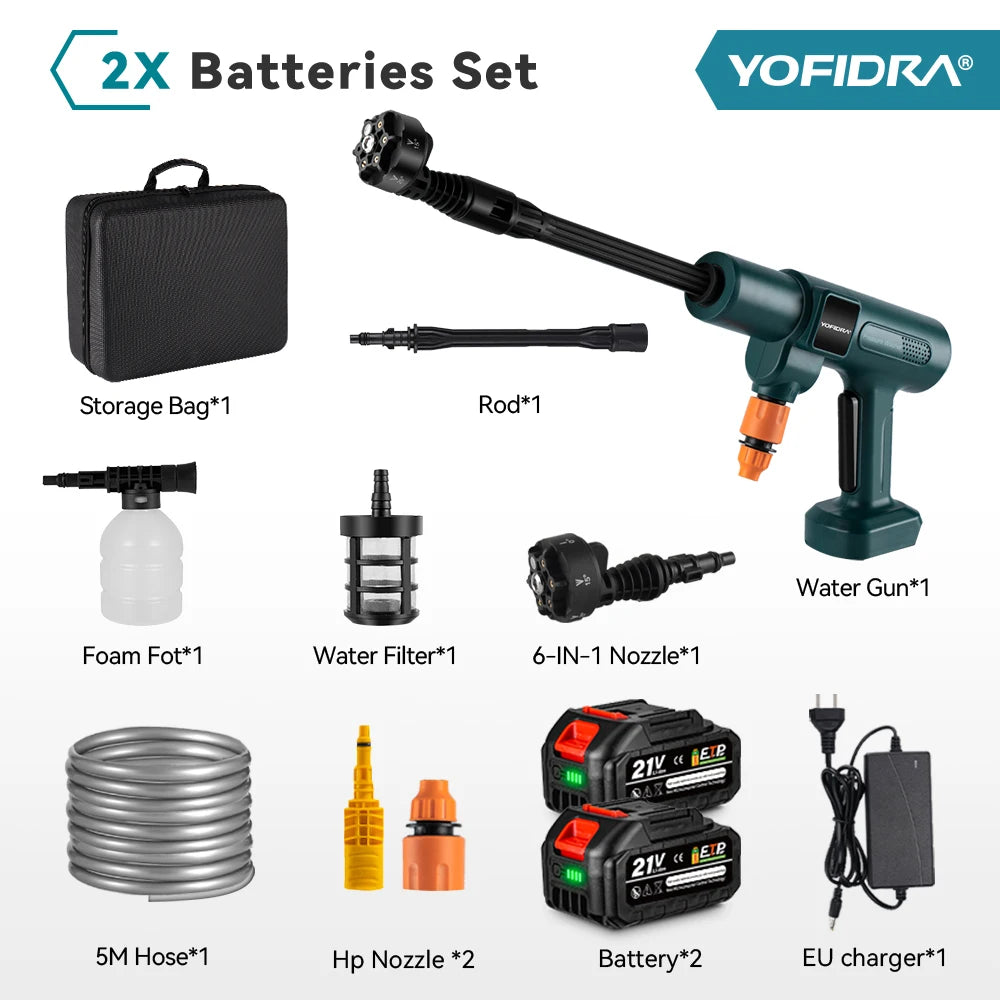 YOFIDRA 200 bar stroomkrachtige waterkanon met 22L vouwbare tank, geschikt voor professioneel en thuis gebruik. Donkergroene motor, zwarte slang en ac