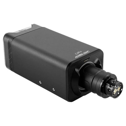 Zwarte, compacte SIMAGIC-camera met kleurrijke LED-ring en metalen aansluiting. Geschikt voor professionele videoproduktie en live-streaming met hoge kwaliteit.