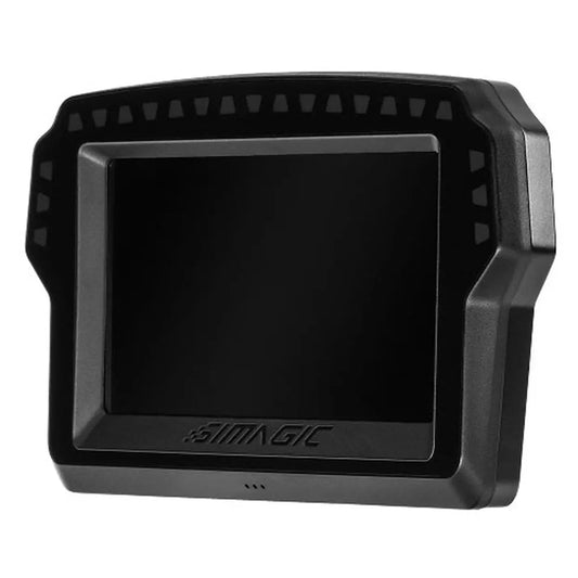 Zwart racemonitor met kleurrijke LED-verlichting en digitale display voor motorfietsen. Toont RPM, snelheid, temperatuur en brandstofniveau voor race- en tuningtoepassingen.