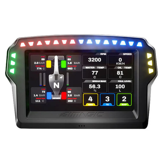 Zwart racemonitor met kleurrijke LED-verlichting en digitale display voor motorfietsen. Toont RPM, snelheid en temperatuur met duidelijke, gekleurde meters voor race- en tuningtoepassingen.
