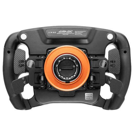 Zwart racestuur met carbonlook, kleurrijke knoppen en draaiknoppen voor simulatiespelletjes. Geschikt voor realistische racegame-ervaring en professionele simulaties.