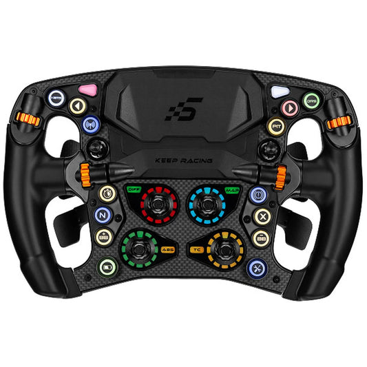 Zwart racestuur met carbonlook, kleurrijke knoppen en draaiknoppen voor simulatiespelletjes. Geschikt voor racegames en professionele simulaties.