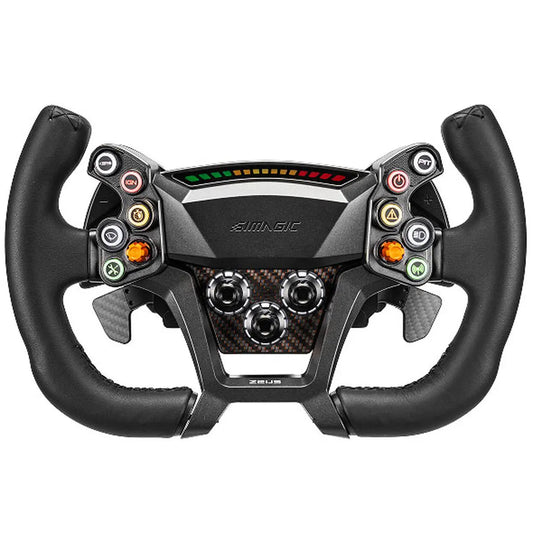 Zwarte Simagic Zeus racestuur met leerachtige handgrepen en kleurrijke knoppen, inclusief carbonlook panelen en digitale display voor realistische racegame-ervaring.