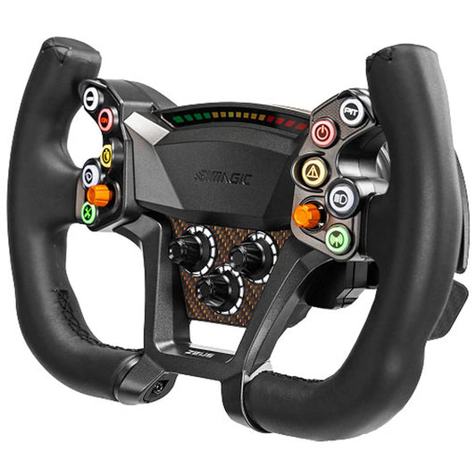 Zwarte Simagic Zeus racestuur met leerachtige handgrepen en kleurrijke knoppen, inclusief carbonlook panelen en digitale display voor realistische racegame-ervaring.