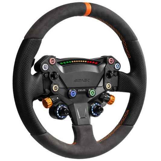 Zwart racingstuur met oranje accenten en textuur, voorzien van meerdere gekleurde knoppen en LED-indicatoren. Geschikt voor PC-game racing en virtuele rally-ervaringen.