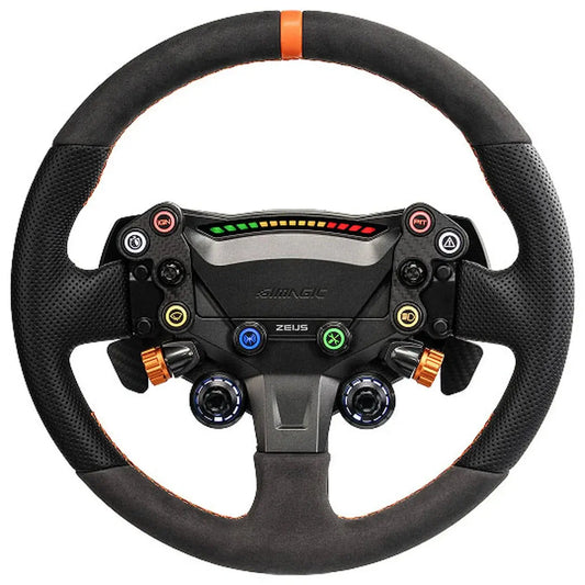 Zwart racingstuur met oranje accenten en textuur, uitgerust met kleurrijke knoppen en LED-indicator voor gamers. Geschikt voor PC-simracing en virtuele rally-ervaringen.