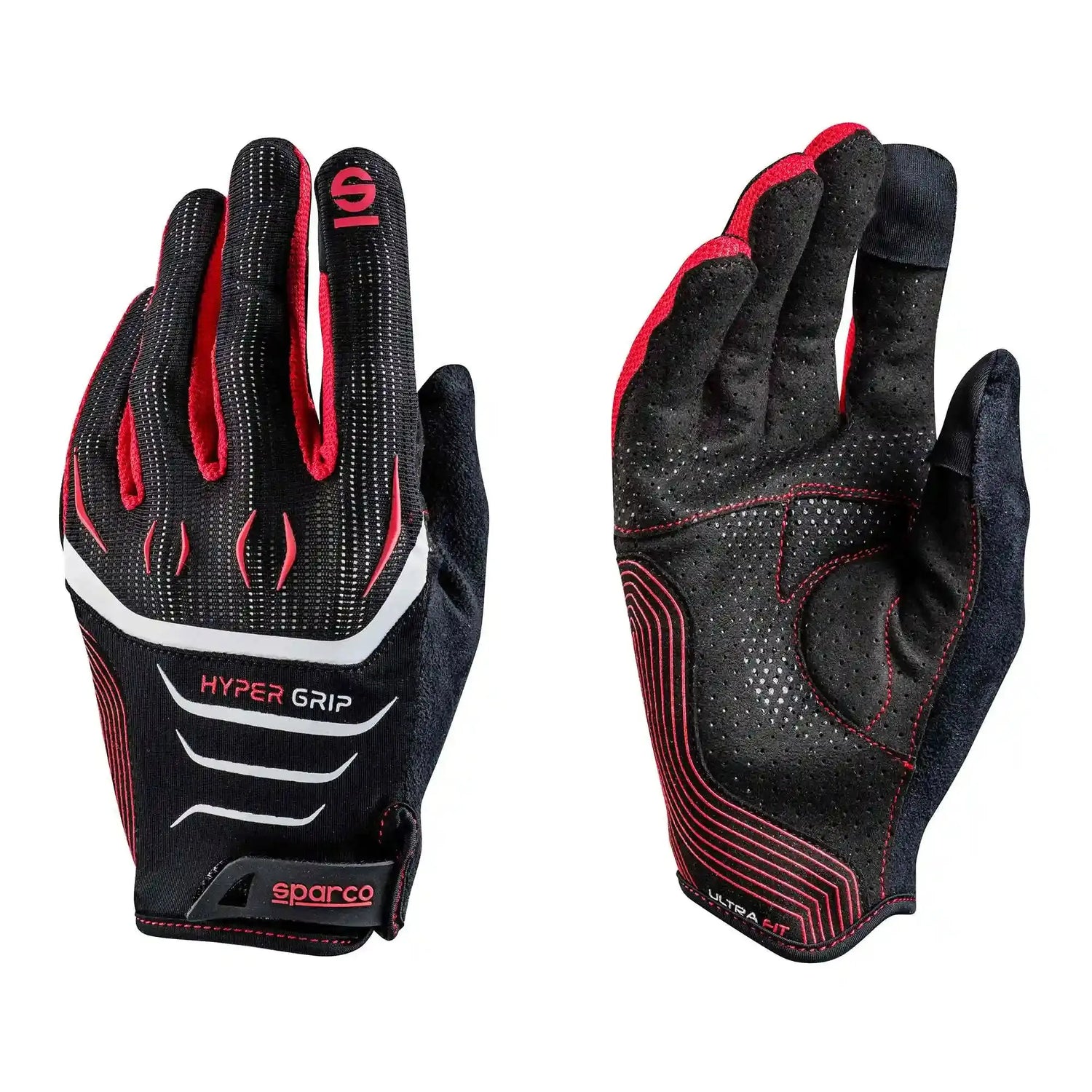 Zwart Sparco racehandschoenen met rode accenten en perforatie voor optimale grip. Geïntegreerd 'Hyper Grip' en 'Ultra Fit' voor sportief gebruik in de auto.