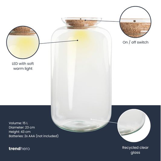 Terrarium bottle 'Sven XL' - Incl. LED cork - Closed terrarium Ø 23 cm ↑ 43 cm