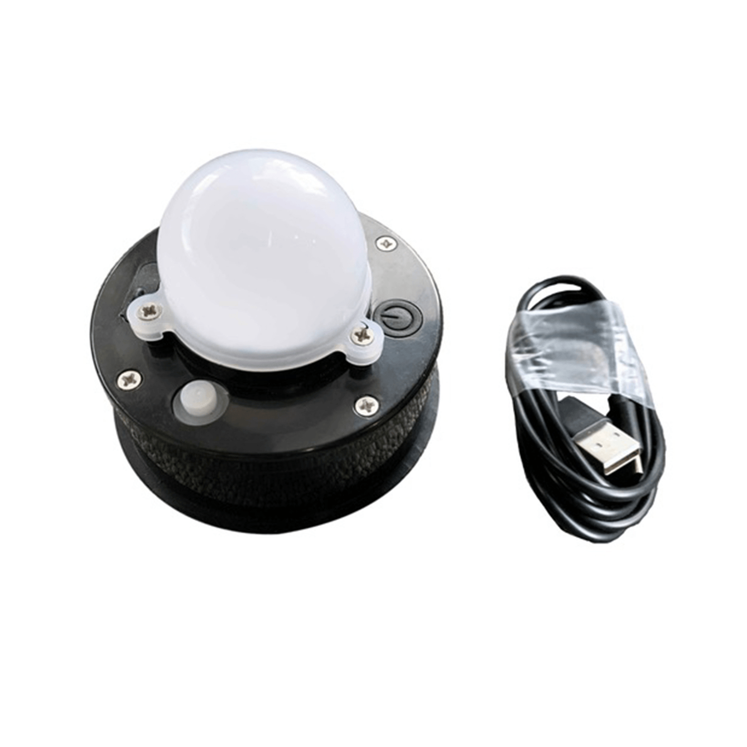 Zwarte, ronde LED-lamp met witte diffuser en USB-kabel, geschikt voor nachtverlichting. Compacte, waterdichte ontwerp voor gebruik in tuin of garage.