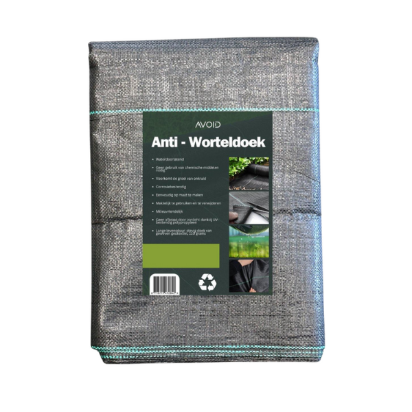 Grijs anti-worteldoek van AVOID, met blauwgroene randen en duidelijke productinformatie, geschikt voor tuin- en groentekwekerijen om wortels te beschermen tegen onkruid en schade.