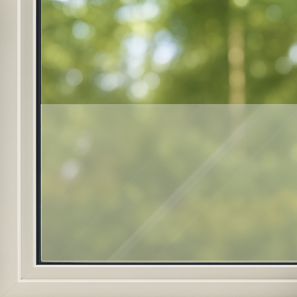 Een witte raamlijst met een transparante, glazen paneel dat zacht natuurlijk licht laat door. De achtergrond toont een onscherpe groene tuin, ideaal voor energiezuinige ramen en zonnige woningverbeteringen.