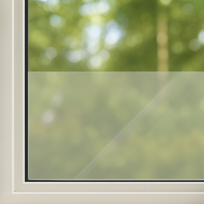 Een witte raamlijst met een transparante, glazen paneel dat zacht natuurlijk licht laat door. De achtergrond toont een onscherpe groene tuin, ideaal voor energiezuinige ramen en zonnige woningverbeteringen.