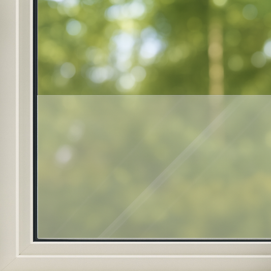 Een witte raamlijst met een transparante, glazen paneel dat zacht natuurlijk licht laat door. De achtergrond toont een onscherpe groene tuin, ideaal voor energiezuinige ramen en zonnige woningverbeteringen.