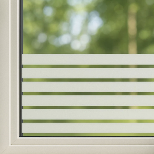 Wit horizontale glazen folie op een raam, met zichtbare groene achtergrond. Geschikt voor privacy en lichtfiltering in kantoren of huishoudens.