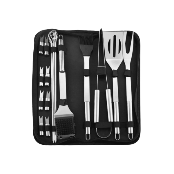 Zilverkleurige barbecuezetel met 10 stukken, inclusief spatels, vorken en borstels, opgeborgen in een zwart, opvouwbaar hoesje. Perfect voor buitenkeuken of grillfeesten.