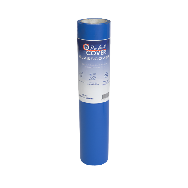 Blauwe Perfect Cover glasbeschermfolie op rol, met wit label en zichtbare UV- en schuurschadebescherming, geschikt voor glazen oppervlakken in huishoudelijk en commercieel gebruik.