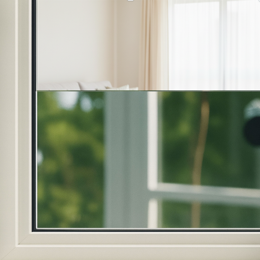 Een witte kozijnramen met glas, waarachter groene bomen zichtbaar zijn. Perfect voor moderne interieurs en energiezuinige woningen.