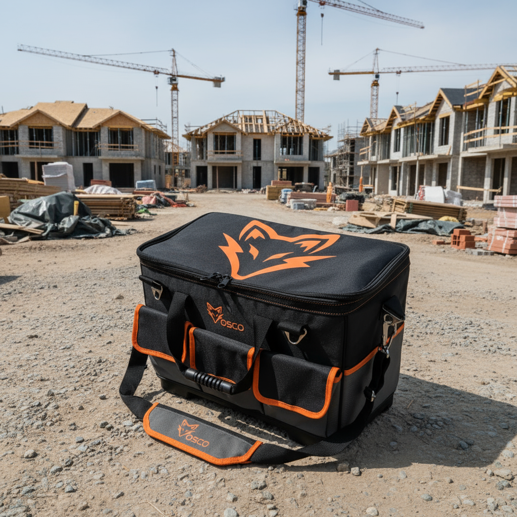 Zwarte OSO toolbag met oranje logo en verstelbare schouderband, geplaatst op een bouwplaats. Geschikt voor bouwvakkers en professionals die hun gereedschap op orde houden.