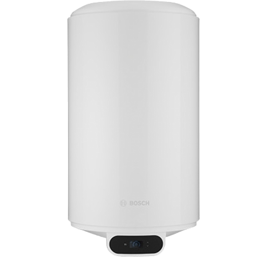 Een witte Bosch waterkoker met glanzend oppervlak en zichtbare bedieningspaneel. Geschikt voor moderne badkamers en huishoudelijke gebruik.