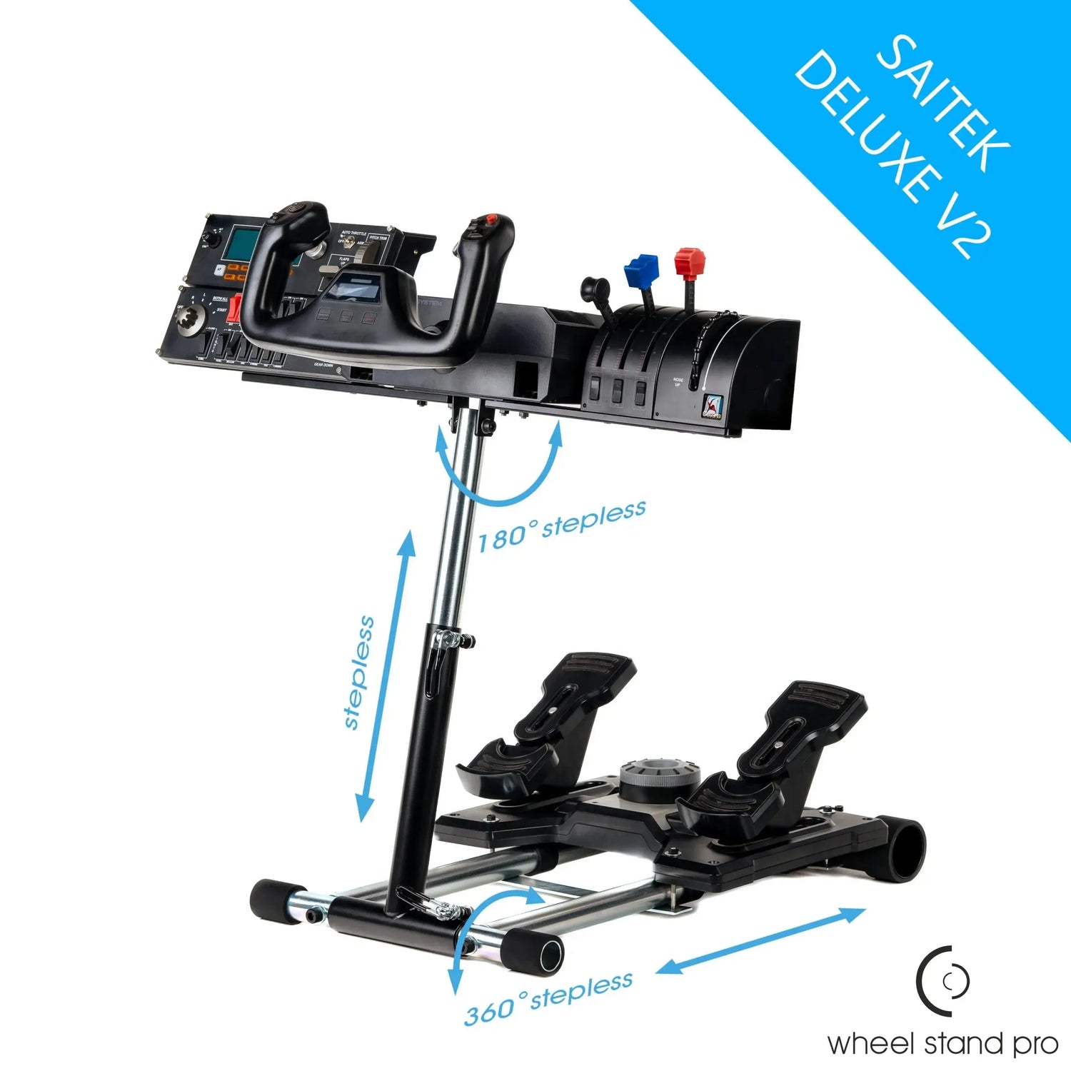 Saitek Deluxe V2 stuur en pedaalset in zwart, met 180° en 360° staploze verstellingsmogelijkheden voor optimale gaming-ervaring. Geschikt voor vliegtuig- en racegame-simulaties met precisie en comfort.
