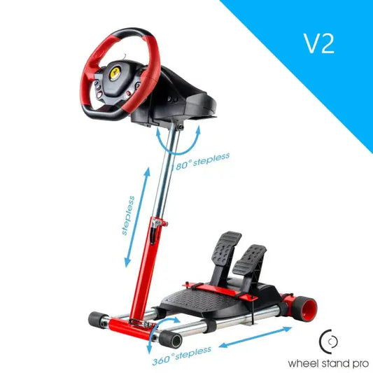 Rood en zwart stuurwielstandaard met Ferrari-logo, uitgerust met 360°- en 180°-verstelbare pedalen voor realistische race-game-ervaring. Ideaal voor gamers die hun stuur en pedalen op maat willen aanpassen.