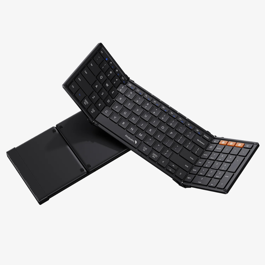 Zwart, vouwbare toetsenbord met flexibele, opvouwbare constructie en oranje functietoetsen, geschikt voor mobiele gebruik en reizen. Compacte, draagbare toetsenbord voor laptop- en tabletgebruik.