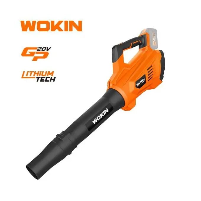 Een oranje en zwarte WOKIN bladblazer met handvat en batterij, geschikt voor tuin- en terrasruimte. Geschikt voor bladeren en stof verwijderen in de tuin.