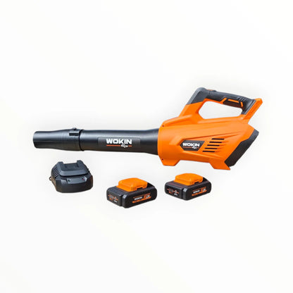 De Wokin bladblazer in levendig oranje en zwart, met een zichtbare batterij en handvat voor comfortabele gebruik. Geschikt voor tuin- en outdoor-opdrachten, ideaal voor het verwijderen van bladeren en sneeuw.