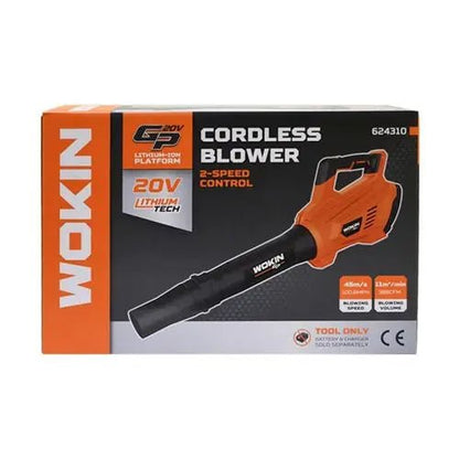 Een oranje en zwarte WOKIN bladblazer met een zichtbare batterij, geschikt voor tuin- en tuinonderhoud. Geschikt voor het verwijderen van bladeren en takken in de tuin.