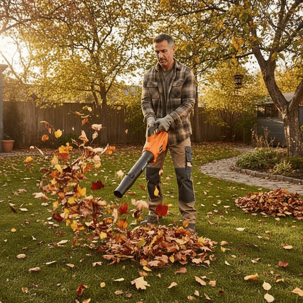 De WOKIN bladblazer in levendig oranje en zwart, met een zichtbare batterij en handvat voor gemakkelijke bediening. Geschikt voor tuin- en outdoor-gebruik, met een robuust ontwerp voor krachtige luchtstroom.