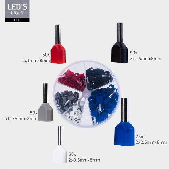 Adereindhulzen assortiment set - 5 maten van 0.5mm² tot 2.5mm² -  dubbele draad hulzen - 225 Stuks