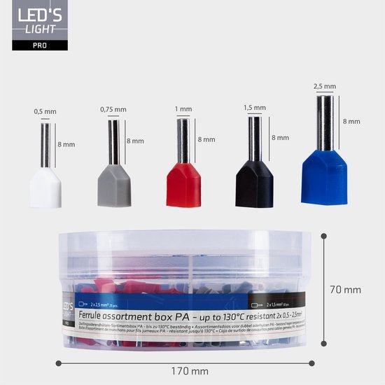 Adereindhulzen assortiment set - 5 maten van 0.5mm² tot 2.5mm² -  dubbele draad hulzen - 225 Stuks