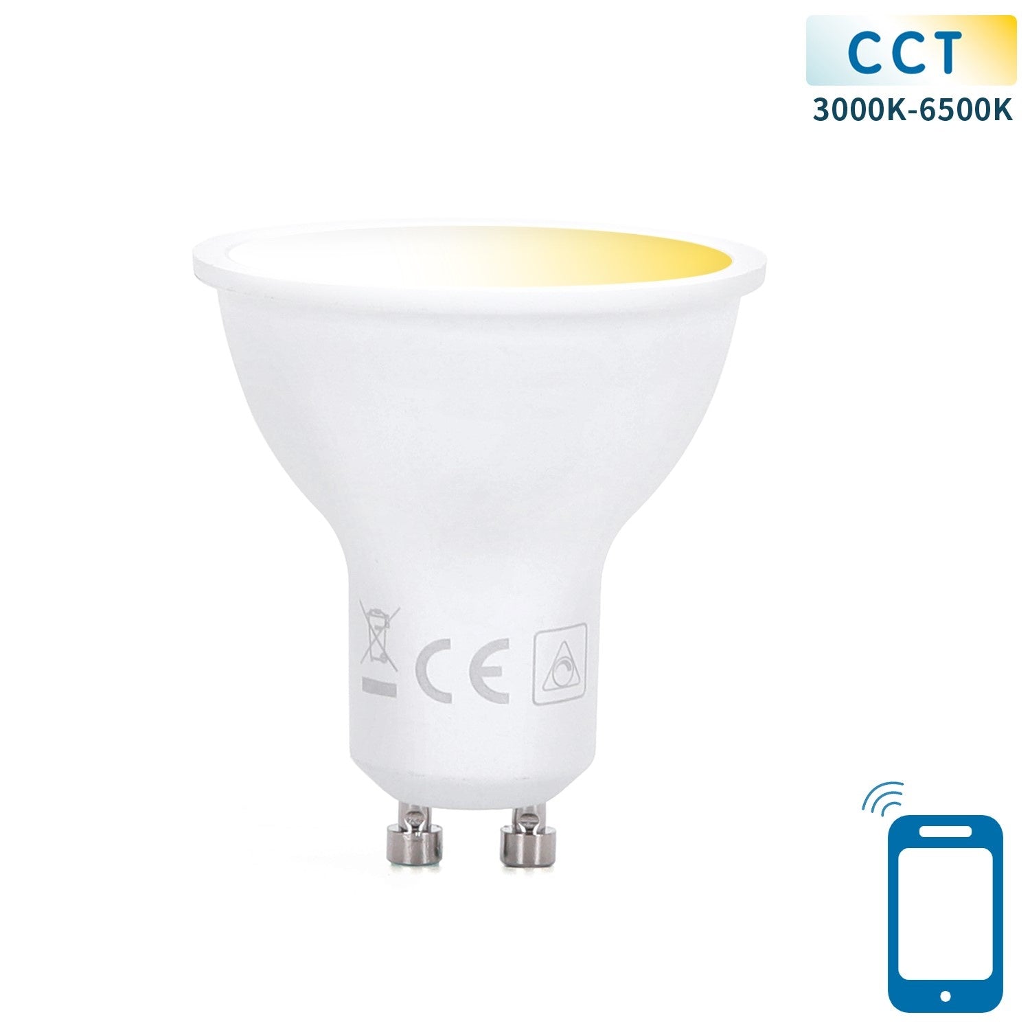 Een witte, moderne GU10-spotlamp met zichtbare CE-keurmerken en een warmgeel licht. Geschikt voor slimme verlichting via smartphone-app, met aanpasbare kleurtemperatuur van 3000K tot 6500K.