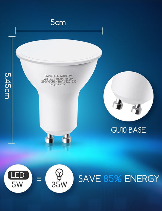 Een witte, moderne GU10-spotlamp met zichtbare CE-keurmerken en een warmgele gloed, bedoeld voor slimme verlichting via smartphone-app. Geschikt voor smart home-omgevingen met aanpasbare kleurtemperatuur.