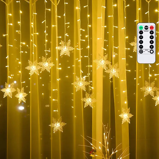 Gouden LED-slinger met sneeuwvlokken, 60 lichtjes en afstandsbediening, geschikt voor kerstversiering of feestelijke interieurs. Inclusief stekker en technische specificaties voor binnen- en buitengebruik.