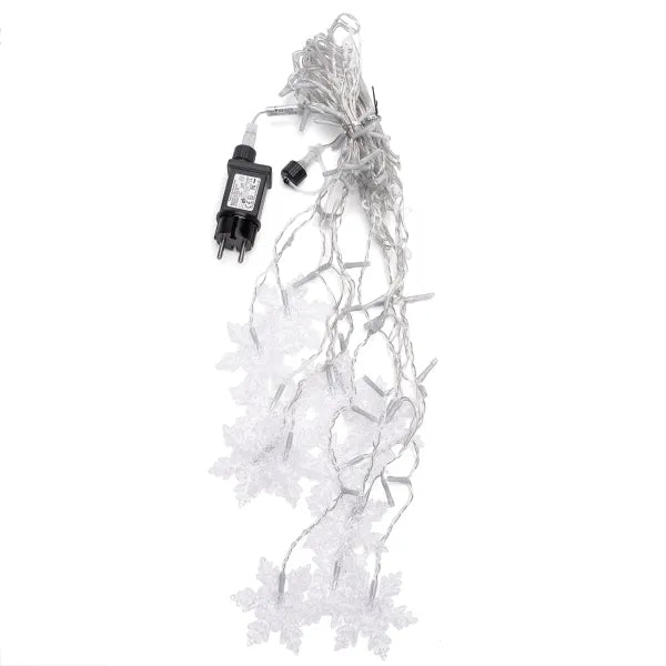 Gouden LED-snowflake verlichting met 60 lichtjes, inclusief afstandsbediening en stekker. Perfect voor kerstversiering of feestelijke interieurs.