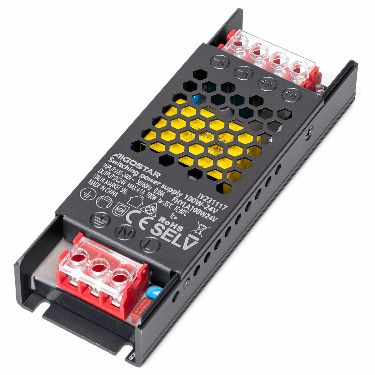 Zwart AIGOSTAR schakelvoeding met hexagonale ventilatiegaten en gele achtergrondverlichting, voorzien van rode terminalblokken en CE-keurmerken, geschikt voor industriële elektronica en DIY-projecten.