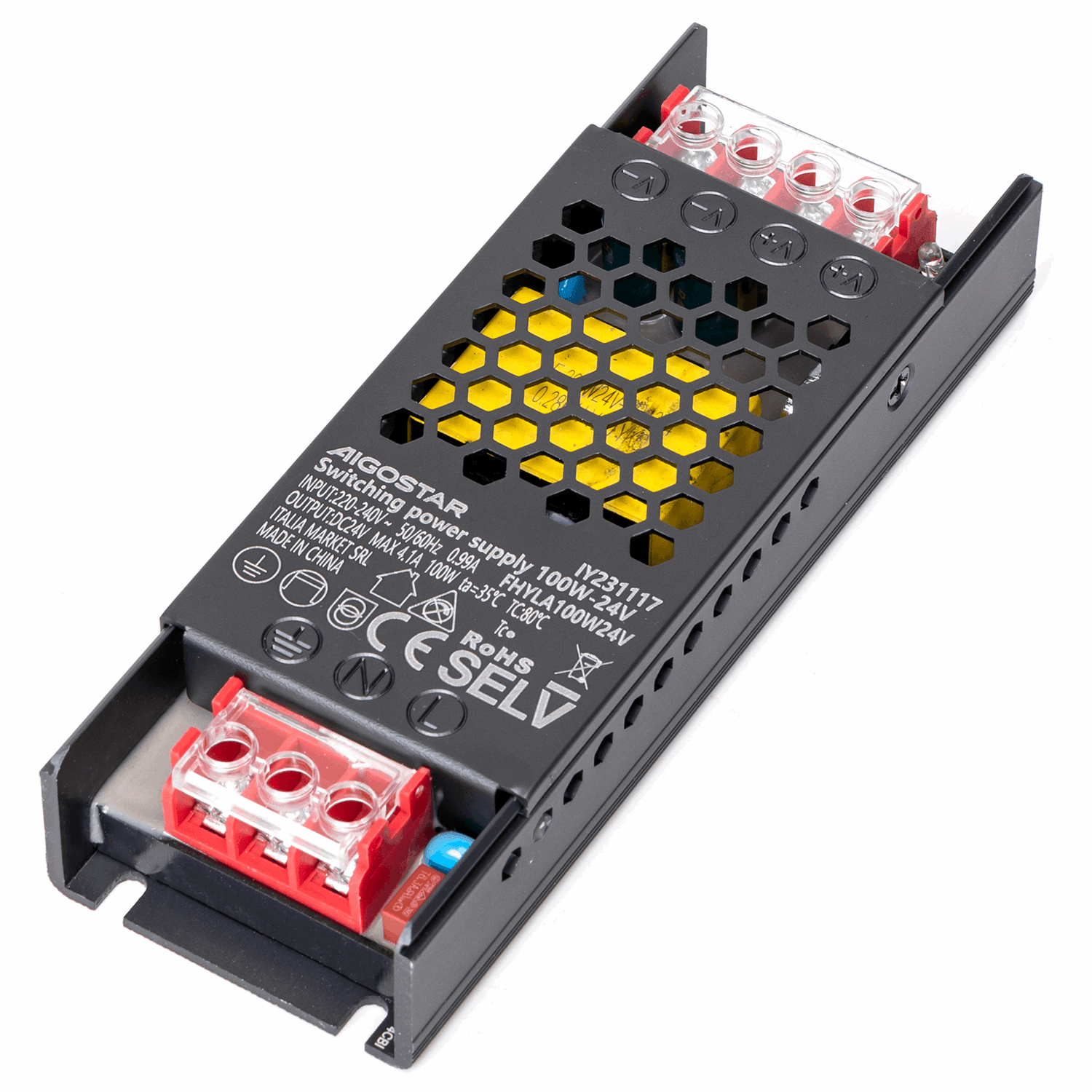Zwart AIGOSTAR schakelvoeding met hexagonale ventilatiegaten en gele achtergrondverlichting, voorzien van rode terminalblokken en CE-keurmerken, geschikt voor industriële elektronica en DIY-projecten.