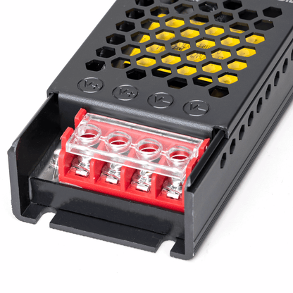 Zwart AIGOSTAR schakelvoeding met hexagonale ventilatiegaten en gele achtergrondverlichting, voorzien van rode terminalblokken en CE-keurmerken, geschikt voor industriële elektronica en DIY-projecten.