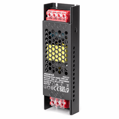 Zwarte ALIGOSTAR schakelvoeding met honingraatkoeling en rode terminalblokken, geschikt voor LED-verlichting. Zichtbare specificaties en CE-keurmerken op de metalen behuizing.