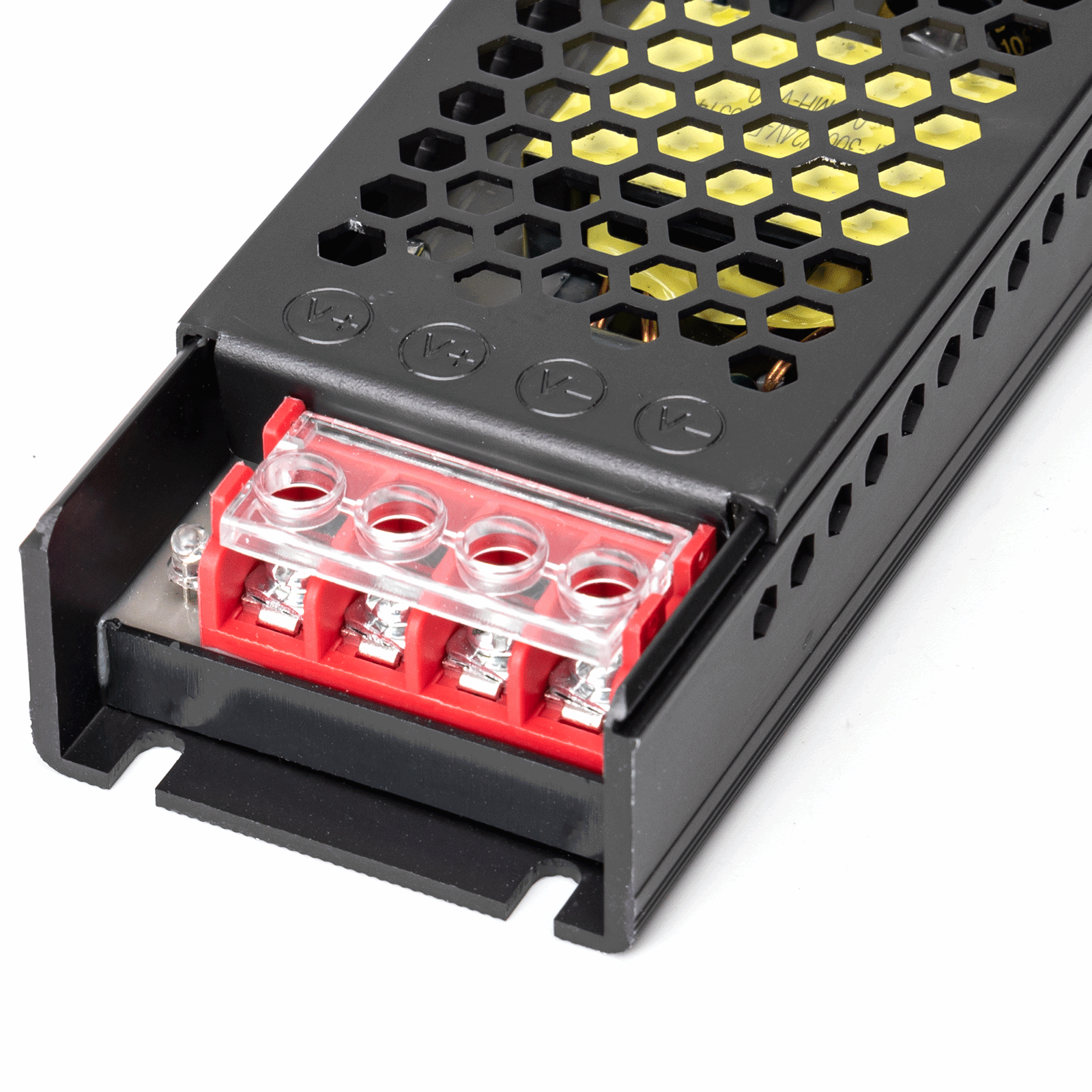 Zwart aluminium switchmode voedingseenheid met hexagonale koeling, rode terminalblokken en zichtbare technische specificaties, geschikt voor professionele LED-verlichting en elektronica projecten.